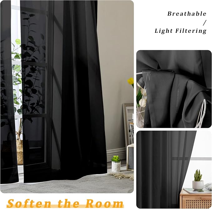 Gwine Extra Long Black Sheer Curtains 120 Inches Long 2 Panels Set, Voile Light - Image 3