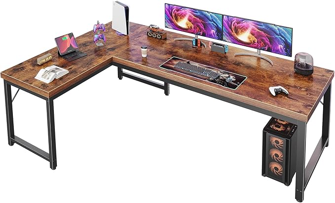 Huuger 63 Inch L Shaped Desk with 0.95 Inch Thicker Desktop, Reversible Computer Desk, Larger Corner Office Gaming Desk, Robust Metal Frame, for Home Office, Rustic Brown