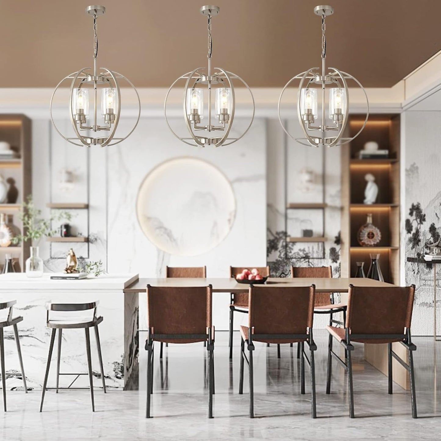 Large Lantern Globe Brushed Nickel Chandelier Lighting, Adjustable Hanging Ceiling Pendant 4 Light for Kitchen, Dining Room, Living Room, Hallway, Bedroom