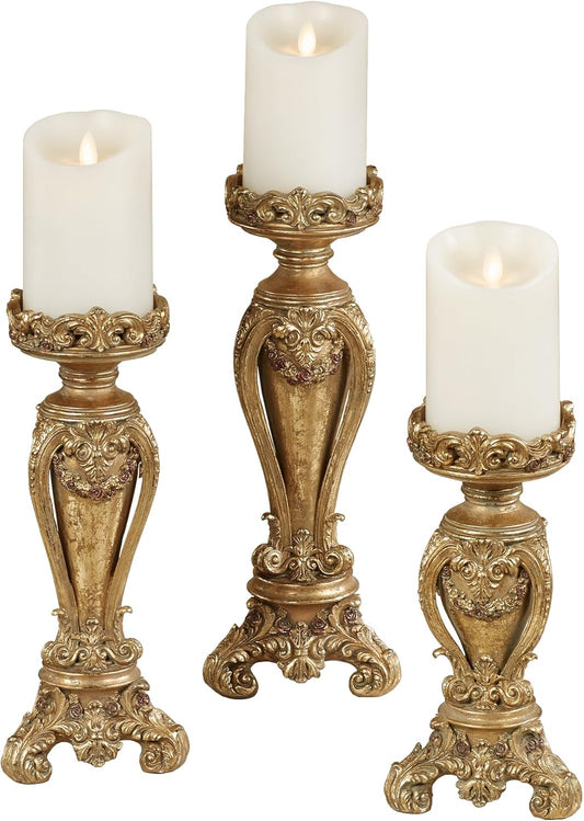Touch of Class Angelique Ornate Candleholders Aged Gold Set of 3 - Victorian Style Table Candleholder for Dining Room, Mantel - Vintage Centerpiece Decor