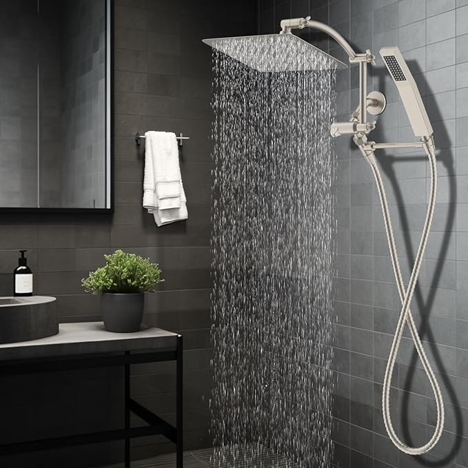 Hibbent All Metal 12'' Rainfall Shower Head, Dual Shower Head Combo, High Pressure Handheld Shower Wand, 16'' Adjustable Arc-shaped Shower Extension Arm, 71'' Hose, Showerhead Holder, Brushed Nickel