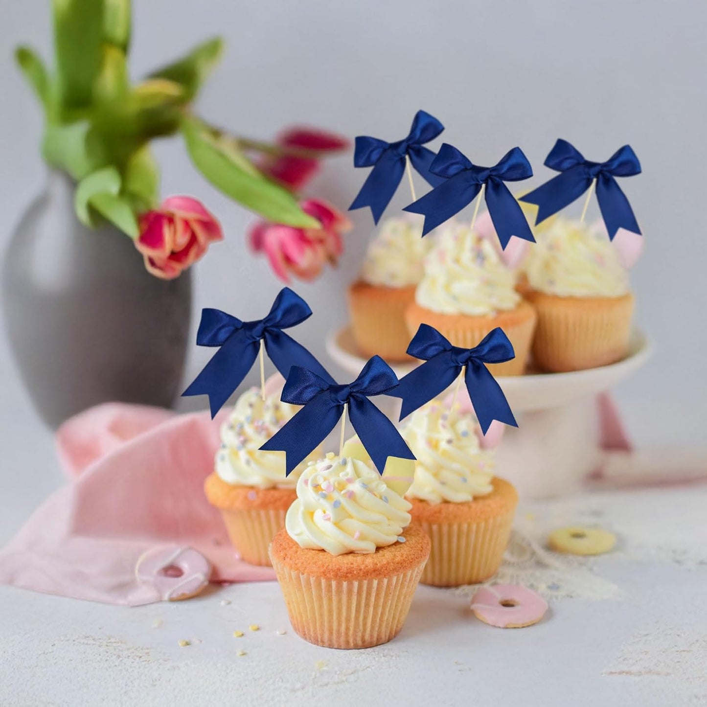 Gyufise 24Pcs Bow Cupcake Toppers Coquette Bow Girls Birthday Cake Decorations Bowknot Cake Toppers Bowknot Cupcake Picks for Baby Shower Birthday Wedding Bridal Engagement Party Supplies Dark Blue