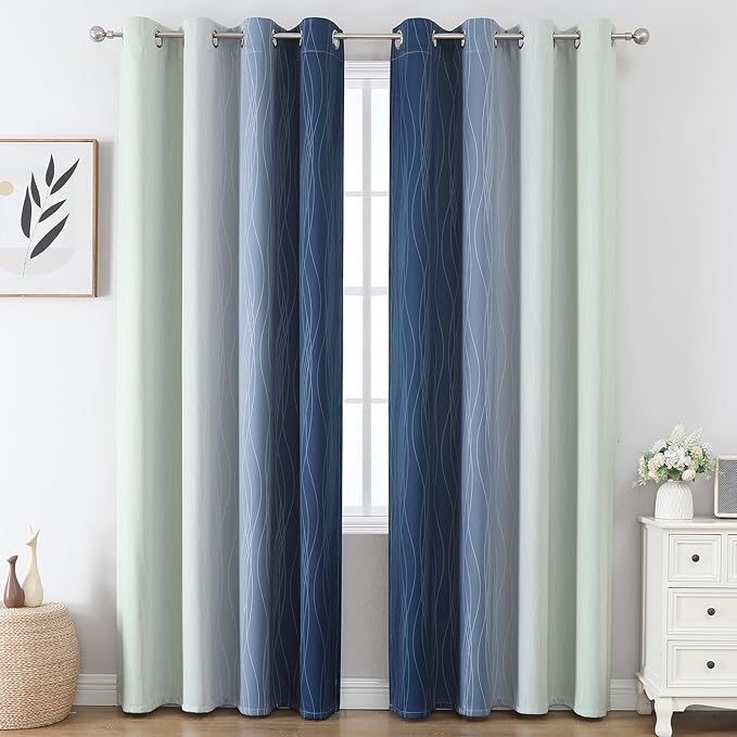 Estelar Textiler Navy Blue and Sage Green Ombre Blackout Curtains 84 Inch - Image 2