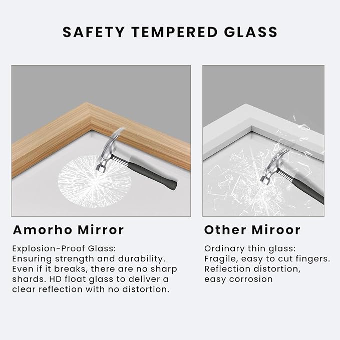 Amorho Bathroom Mirror, 60 X40 Inch Wall Mirror, Oak Wood Grain Metal Framed, Anti-Rust, Hang Horizontally/Vertically, Suitable for Bedroom, Farmhouse, Bathroom, Decorative