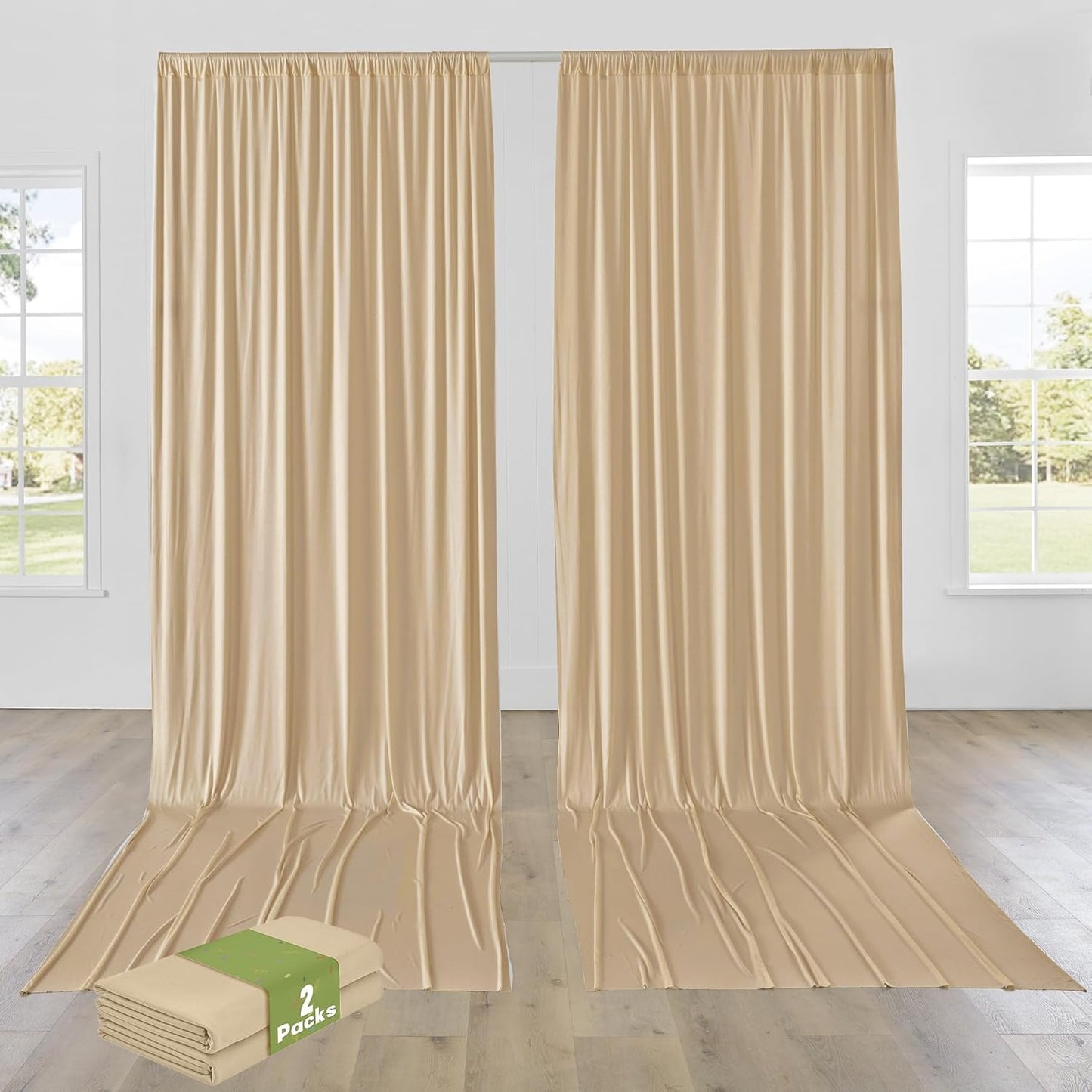 PartyVillage 10ft×15ft Beige Backdrop Curtain for Wedding Parties, 2 Panels Wrinkle Free 15 FT Long Polyester Photo Backdrop Drapes Back Drop Cloth for Birthday Photography Background