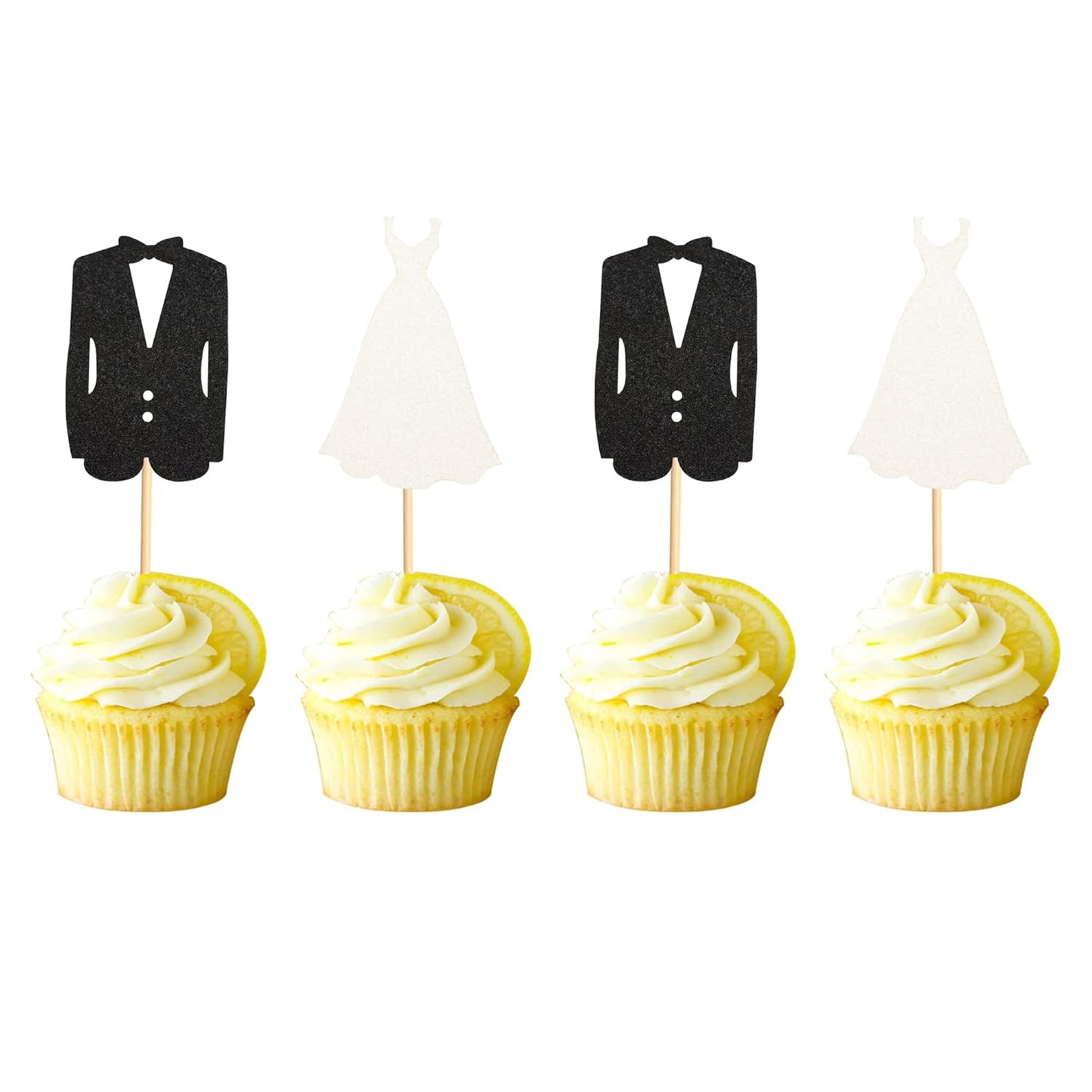 24pcs Bride and Groom Cupcake Toppers Wedding Dress and Tux Cupcake Picks Bridal Shower Wedding Engagement Anniversary Party Cake Decorations Supplies