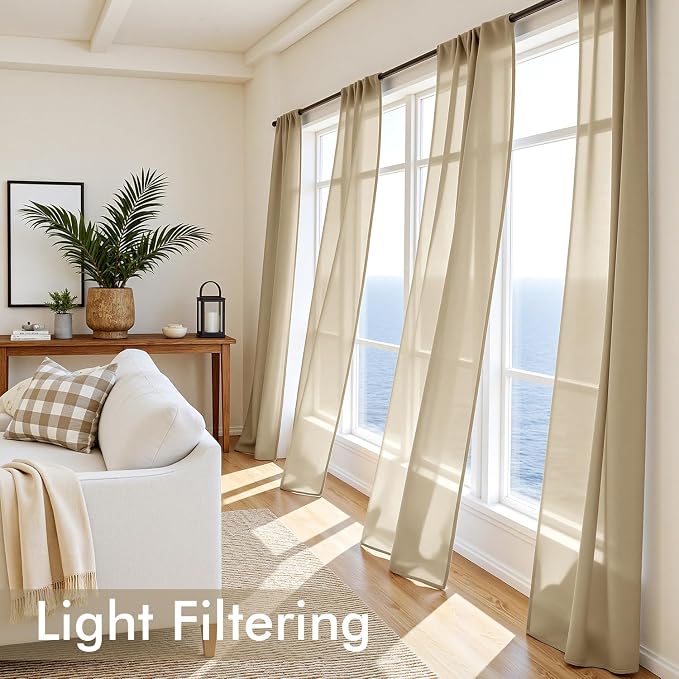 MIULEE Beige Sheer Curtains 96 Inches Long, 4 Panels Set, Rod Pocket Voile - Image 4
