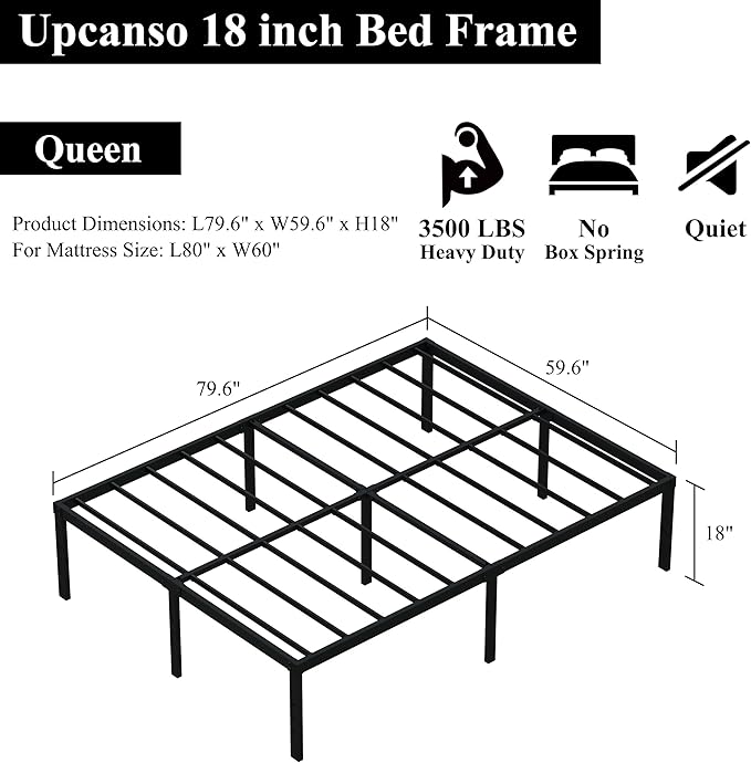 18 Inch Queen Bed Frame No Box Spring Required, Metal Platform Queen Size Bed Frames with High Storage, Eassy Assembly 3,500 Lbs Heavy Duty Bedframes, Black