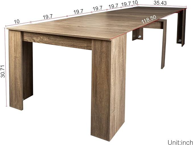 118" Extendable Dining Table for 6-10 Person, Wooden Folding Narrow Dining Room Table, Farmhouse Extendable Console Table for Gatherings, Meeting, Dining Office Areas Brown