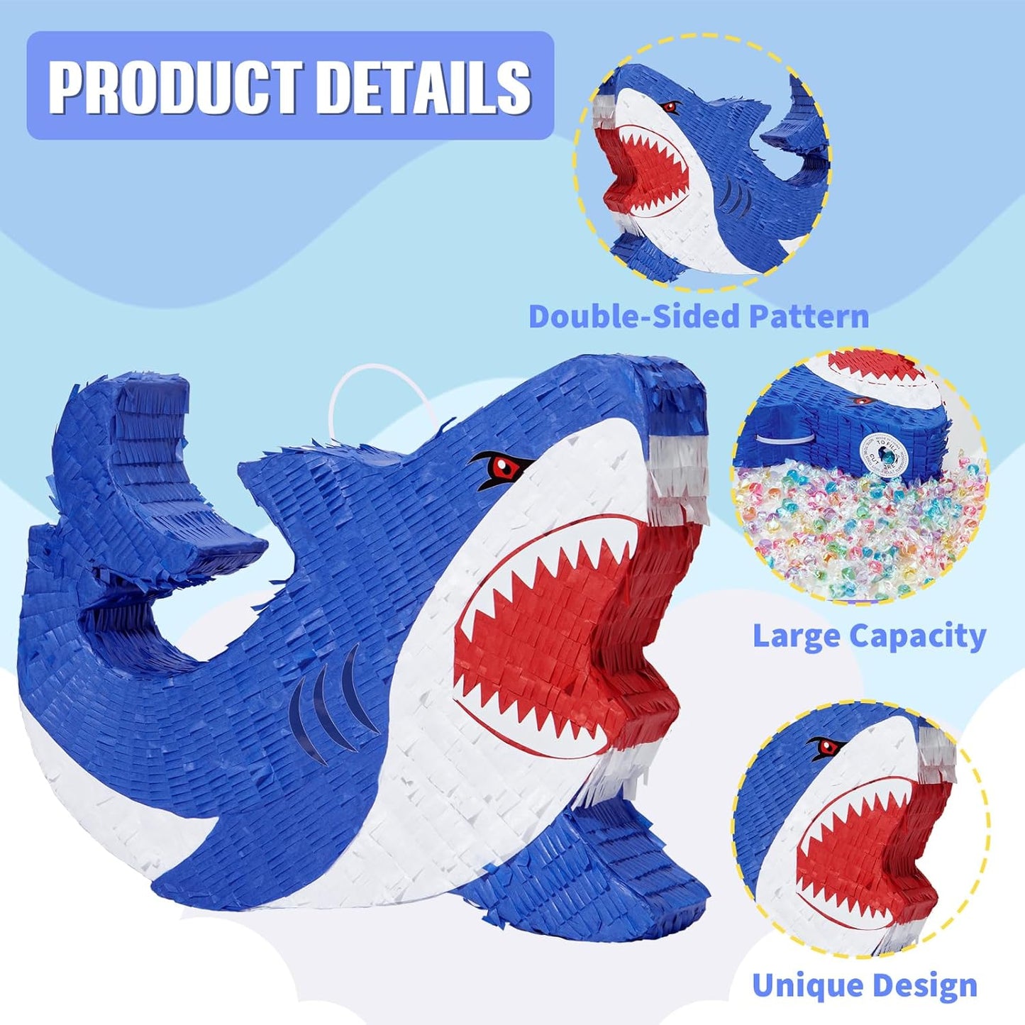 WERNNSAI Shark Piñata - Ocean Shark Birthday Party Decorations Kids Boys Pinata with Blindfold and Bat for Under the Sea Party Supplies Baby Shower Birthday Game Set