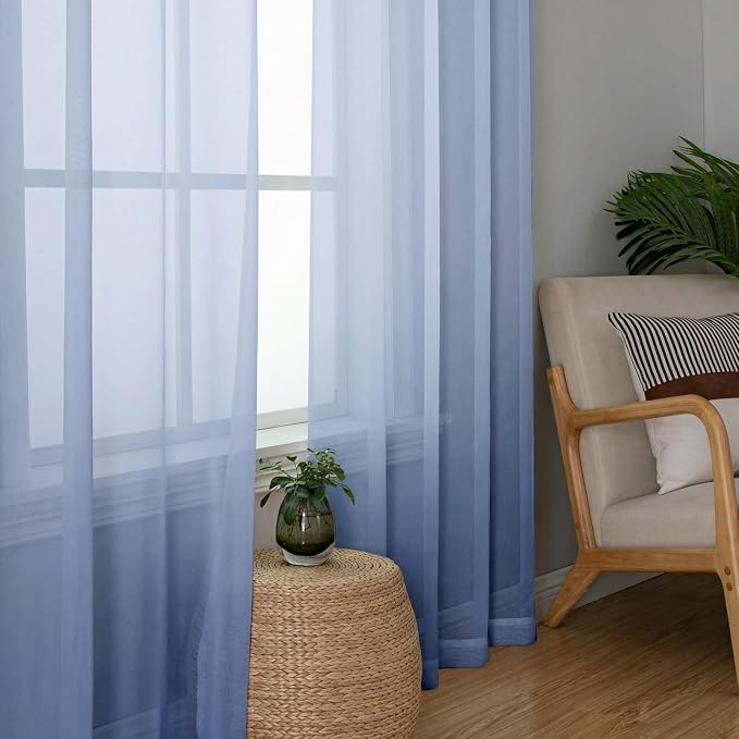 Lecloud Denim Blue Sheer Curtains 96 Inches Long 2 Panels, Rod Pocket Light - Image 4
