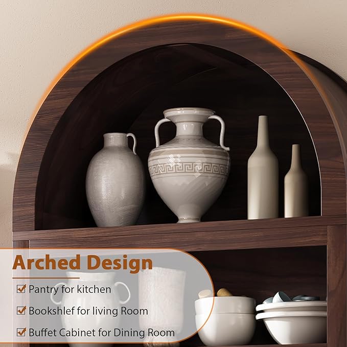 Arched Bookshelf Bookcase China Pantry Storage Cabinet with Doors and Shelves,Kitchen Pantry Cabinet,71“ Tall Food Pantry Furniture for Living Room, Dining Room (Brown)