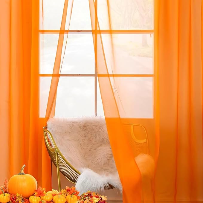 youleyar Solid Sheer Rod Pocket Curtain Voile Draperies 2 Panels Orange Beige - Image 8