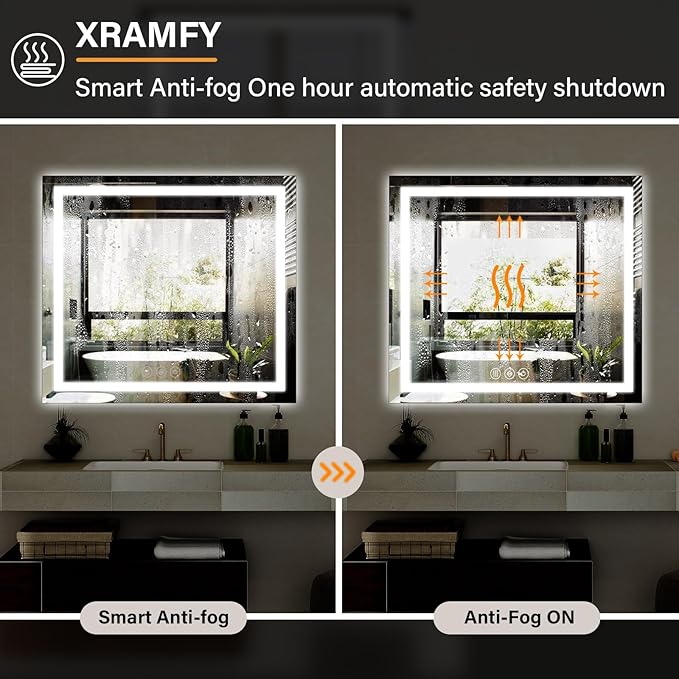 47"x 47" LED Bathroom Mirror, Backlit + Front Lit, LED Bathroom Mirror with Lights for Wall, 3 Colors, Anti-Fog, Dimmable Brightness, Memory Function, Tempered Glass
