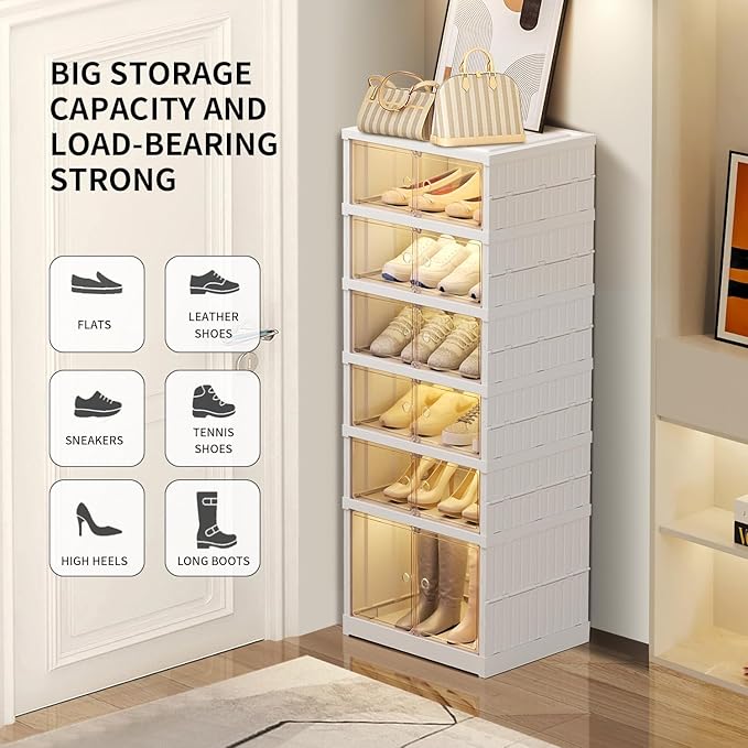 6 Tier Foldable Shoe Rack Organizer for Closet 6-12Pairs Plastic Collapsible Shoe Racks Shelf Stackable Clear Folding Shoes Storage boxes for Small Spaces Narrow Shoe Storage Cabinet
