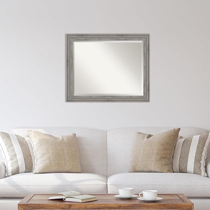 Amanti Art Grey Wall Mirror 27x33 Regis Barnwood Grey Rectangle Bathroom Mirror for Wall Decor Living Room, Large Rustic Farmhouse Wood Frame, Hangs Horizonally and Vertically, Bathroom Decor, Beveled