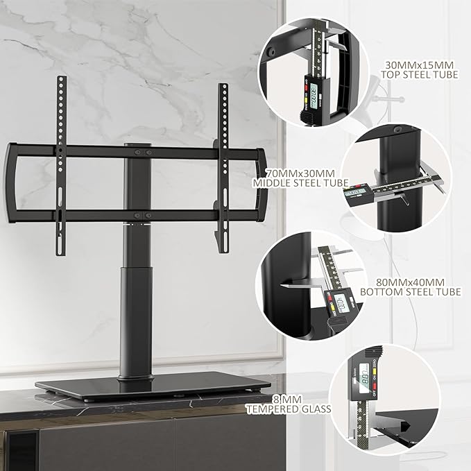 Universal Swivel TV Stand/Base Table Top TV Stand 32 to 65 inch TVs 80 Degree Swivel, 4 Level Height Adjustable, Heavy Duty Tempered Glass Base, Holds up to 88lbs Screens, HT04B-002