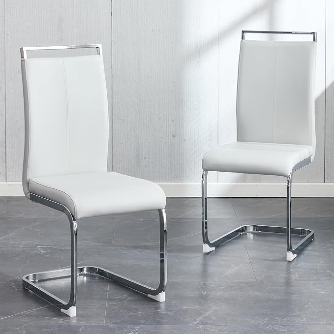 Dining Chairs Set, Kitchen Modern Metal Chairs with Faux Leather Padded Seat High Back and Sturdy Chrome Legs, Chairs for Dining Room (Light Gray, Set of 2)