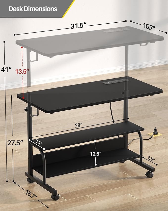 Armocity Height Adjustable Standing Desk with Power Outlets, 32" Manual Stand Up Desk with Storage Shelves Small Mobile Rolling Computer Desk Portable Laptop Table with Wheels for Home Office, Black
