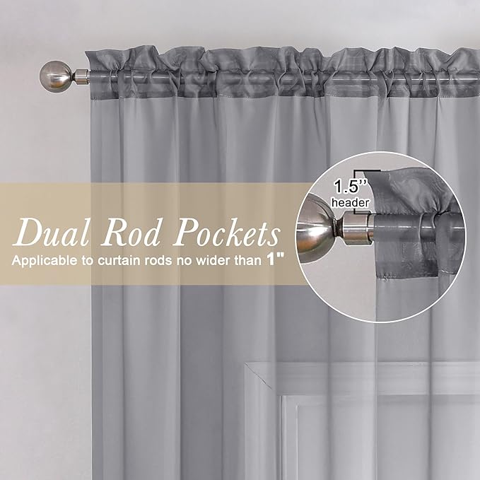 Lecloud Charcoal Grey Sheer Curtains 54 Inch Length 2 Panels, Light Filtering - Image 2