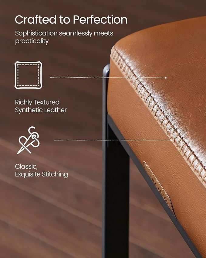 VASAGLE EKHO Collection - Bar Stools Set of 4, Counter Height Bar Stools, Synthetic Leather with Stitching, Mid-Century Modern Counter Stools, 26-Inch Tall, Kichen Home Bar Dining Room, Caramel Brown