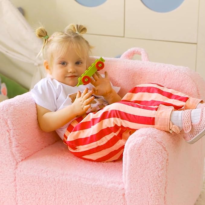ALIMORDEN Kids Ultra-Soft Snuggle Foam Filled Chair, Toddler Cuddly Sherpa Reading Couch for Boys and Girls, Pink