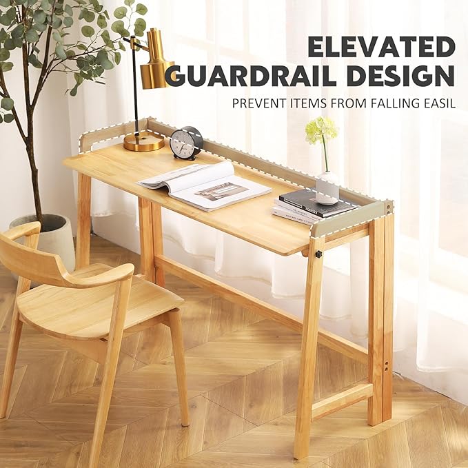 Solid Wood Folding Desk Mid Century Modern Table, 55'' Foldable Writing Computer Desk for Home Office, Simple Study Makeup Workstation, Wooden Study Office Desk Table for Small Spaces, Natural Color