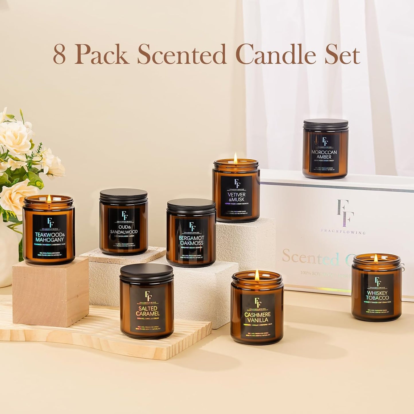 Scented Candles Set, Soy Wax Candles 8 Pack 56 Oz Aromatherapy Candles Gift Set for Women Men （Vanilla/Sandalwood/Amber/Mahogany/Vetiver/Bergamot/Caramel/Whiskey）