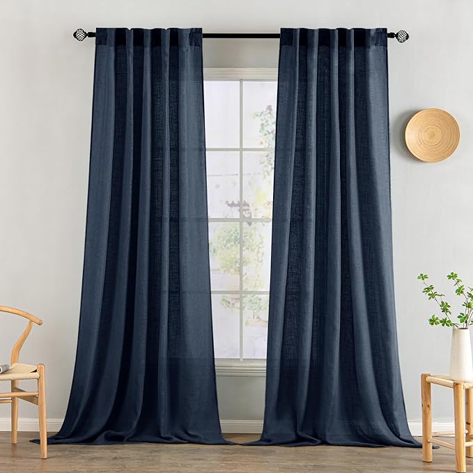 MIULEE Navy Blue Linen Curtains 96 Inch Length 2 Panels by MIULEE