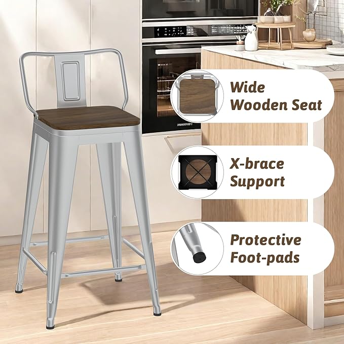 24 Inch Swivel Bar Stools Set of 4, Counter Height Bar Stools with Low Back, Metal Industrial Bar Chairs for Kitchen Island (Silver)