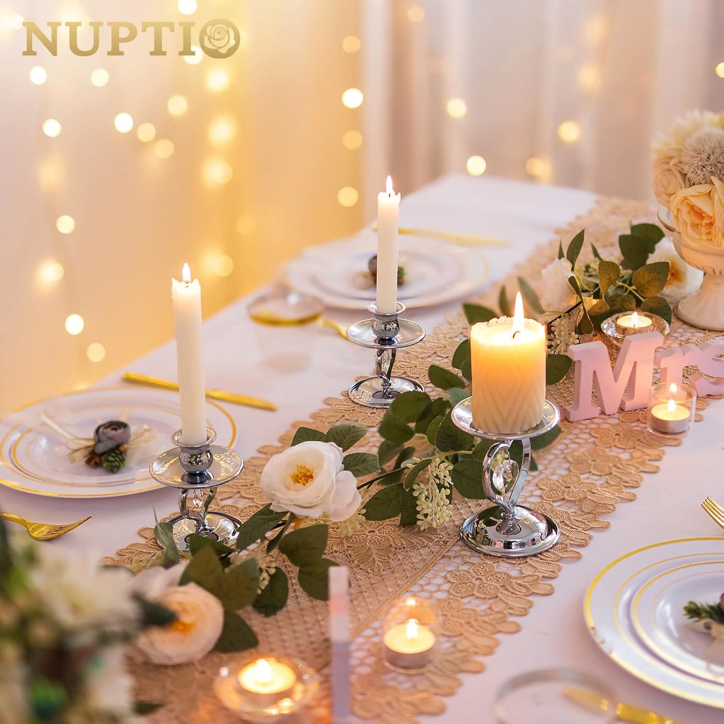 Nuptio Unity Candle Holder Silver Candlestick Holder for Pillar Taper Candles Metal Pillar Candle Holders Set of 3 Table Centerpiece for Wedding Anniversary Candlelight Dinner Decor