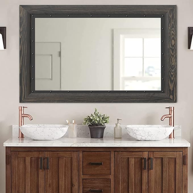 YOSHOOT Rustic Wooden Framed Wall Mirror, 32x24 Inch, Natural Wood and Iron Bathroom Vanity Mirror for Farmhouse Decor, Vertical or Horizontal Hanging