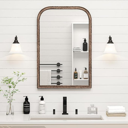20"x30" Solid Wood Bathroom Mirror Arch Tempered Glass for Wall Mounted, Rustic Wood Frame Wall Mirror Decorative for Living Room Bedroom Vanity Mirror Entryway Mirror, Rustic Brown