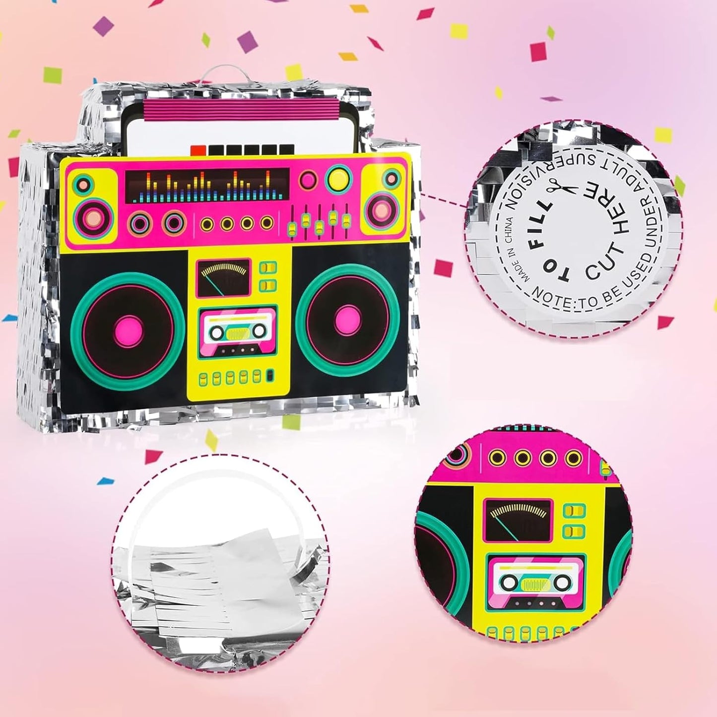 Boombox Pinata with Stick & Hanging Loop Retro 90s Hip Hop Mexican Pinata Game for Back to the 80s Party Nostalgia Large Radio Gifts 70' Theme Birthday Party Decorations Supplies