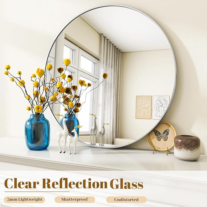 Silver Round Bathroom Mirror, 24 inch Circle Wall Mounted Hanging Mirror with Simple Modern Circular Metal Frame for Hallway, Entryway, Living Room, Silver Frame
