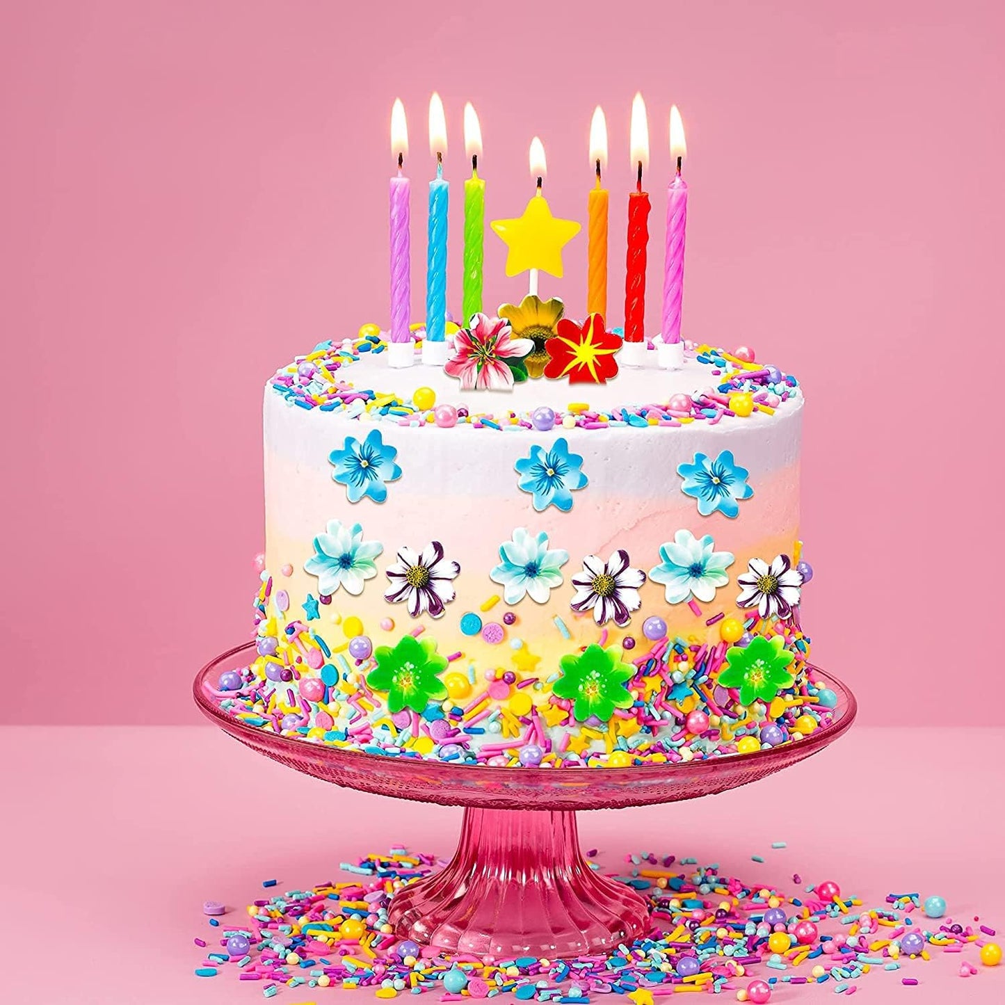 Edible Flowers 120pcs Wafer Paper Cake Cupcake Toppers for Decorating Rice Paper Flower Food Decorations for Baking Girl Birthday Party Mix Size Color (Flowers)