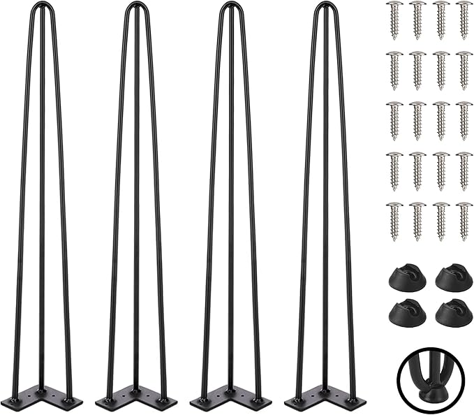 TEN49 Heavy Duty Hairpin Table Legs - 34 Inch Industrial Black Furniture Legs - 1/2" Extra Thickness 3 Solid Rods Metal Table Legs - Fit for Mid-Century Modern Console Desk, Entryway Table Legs
