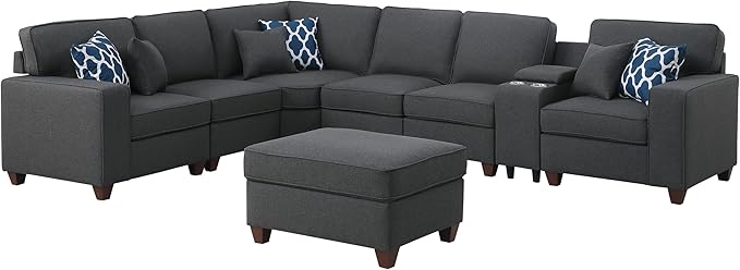 127" L-Shaped Sectional Couch with Movable Ottoman & 6 Throw Pillows,7 Seat Chenille Upholstered Sofa W/2 Cup Holders,USB Port & Hidden Storage Box,DIY Combination,for Living Room,Apartment,Gray