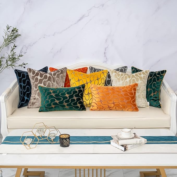 Yangest Yellow Square Throw Pillow Cover Wavy Velvet Cushion Cover Modern Zippered Pillowcase for Sofa Couch Bedroom Living Room Chair, 18 x 18 Inch