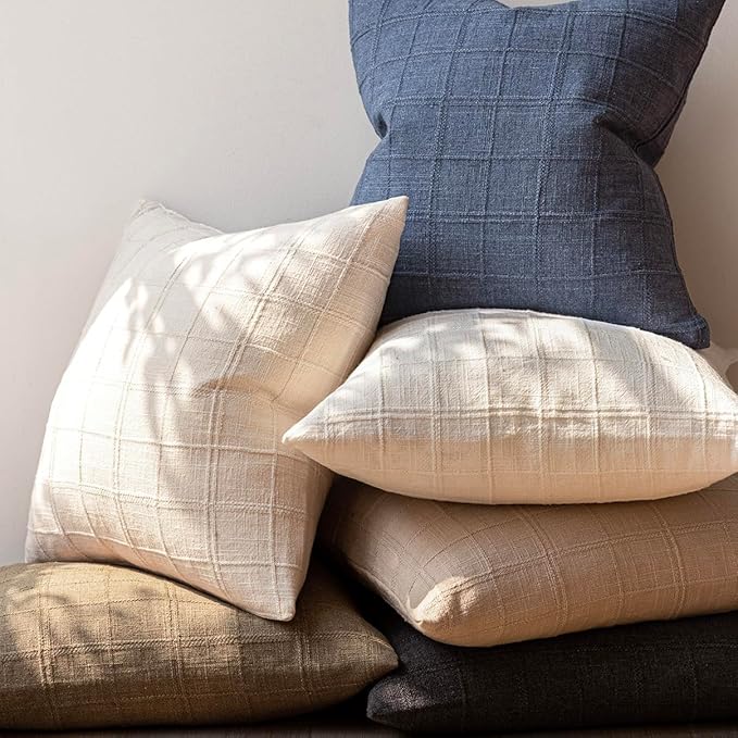 Foindtower Set of 2 Decorative Linen Check Throw Pillow Covers Neutral Farmhouse Vintage Cushion Covers Modern Boho Home Decor For Sofa Chair Couch Bedroom Living Room Outdoor,20×20 Inch,Natural Beige