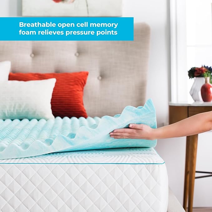 Linenspa 2 Inch Convoluted Gel Swirl Memory Foam Mattress Topper - Promotes Airflow - Relieves Pressure Points - Queen
