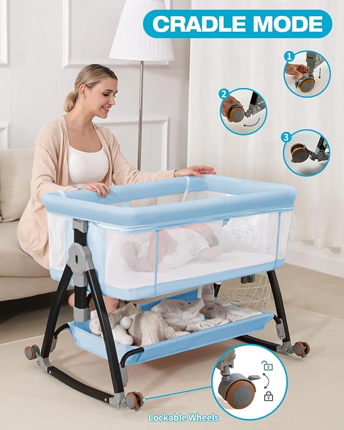 3 in 1 Baby Bassinet, Bedside Crib with Breathable Mesh, Bassinet Bedside Sleeper with Wheels, Mosquito Net, Storage Basket, 6 Height Adjustable, Easy to Fold, Dark Black
