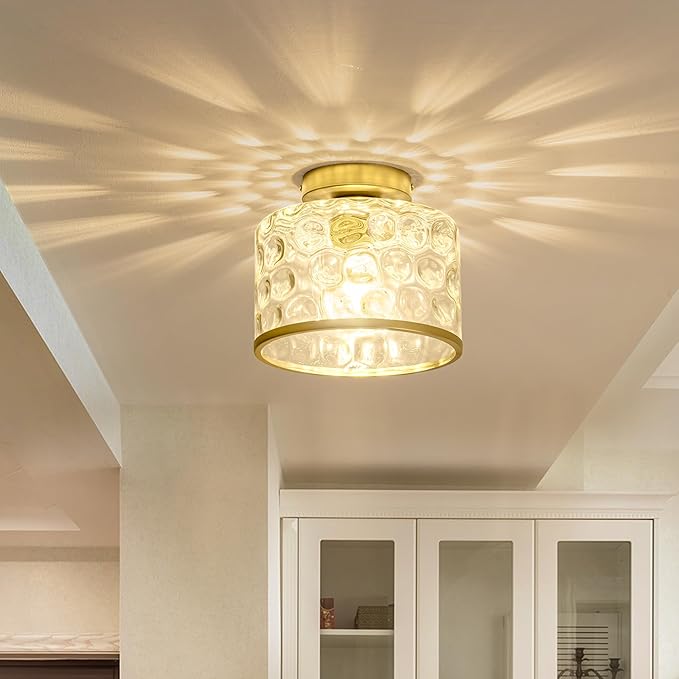 Gold Flush Mount Ceiling Light with Clear Hammered Glass lampshade, Farmhouse Ceiling Lights Fixture in Satin Brass for Kitchen Bathroom, Bulb not Included