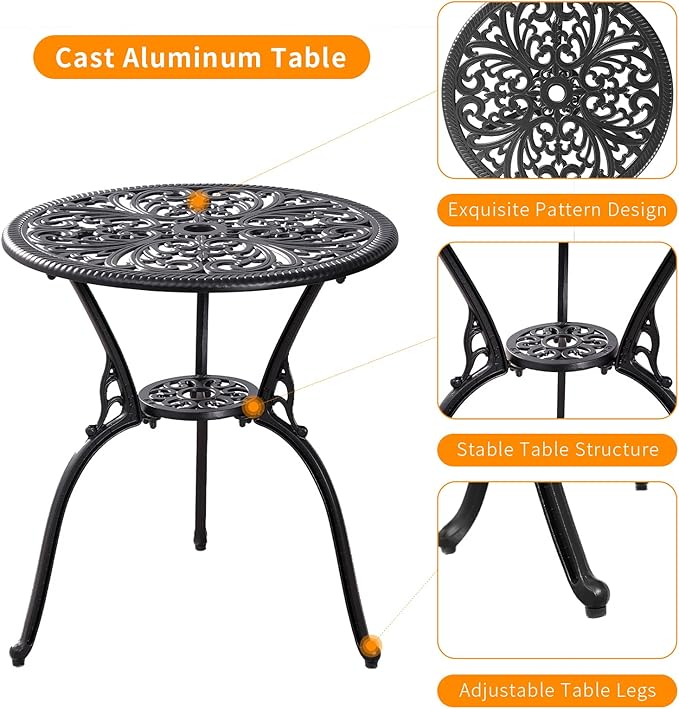 Outdoor Bistro Set 3 Piece Patio Bistro Set, Cast Aluminum Bistro Table and Chairs Set of 2, Small Patio Table Set for Porch, Black