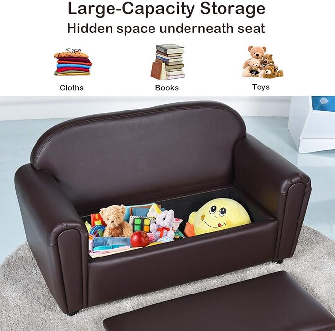 Costzon Kids Couch, 2 in 1 Double Seat Children's Sofa w/Under Seat Storage, PU Leather Surface, Toddler Armrest Chair, Kids Room, Soft Sofa with Storage for Preschool Baby Boys Girls Gifts