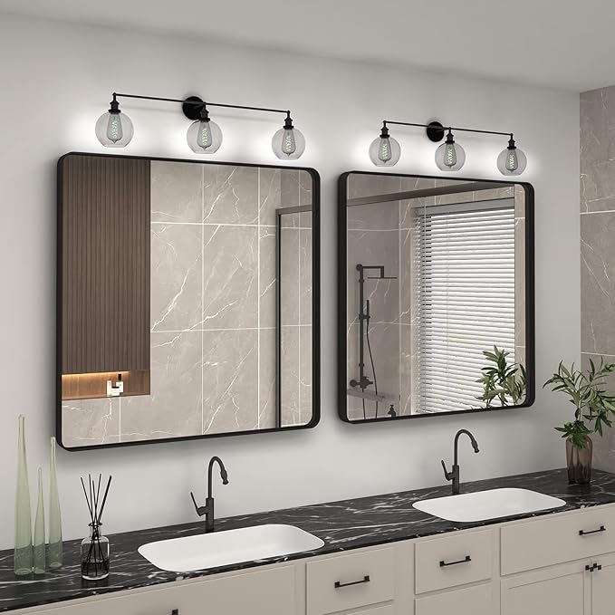 36x36 Square Black Bathroom Mirror, Matte Framed Bathroom Vanity Mirror for Wall, Modern Rectangle Mirror, Rounded Corners, Tempered Glass