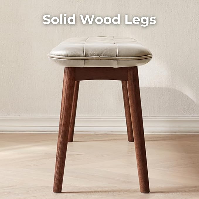 Upholstered Bench, 51.18 in Natural Oak Wood for Dining Table Bench for Living Room with Leather Cushion, End of Bed Footrest Stool Khaki