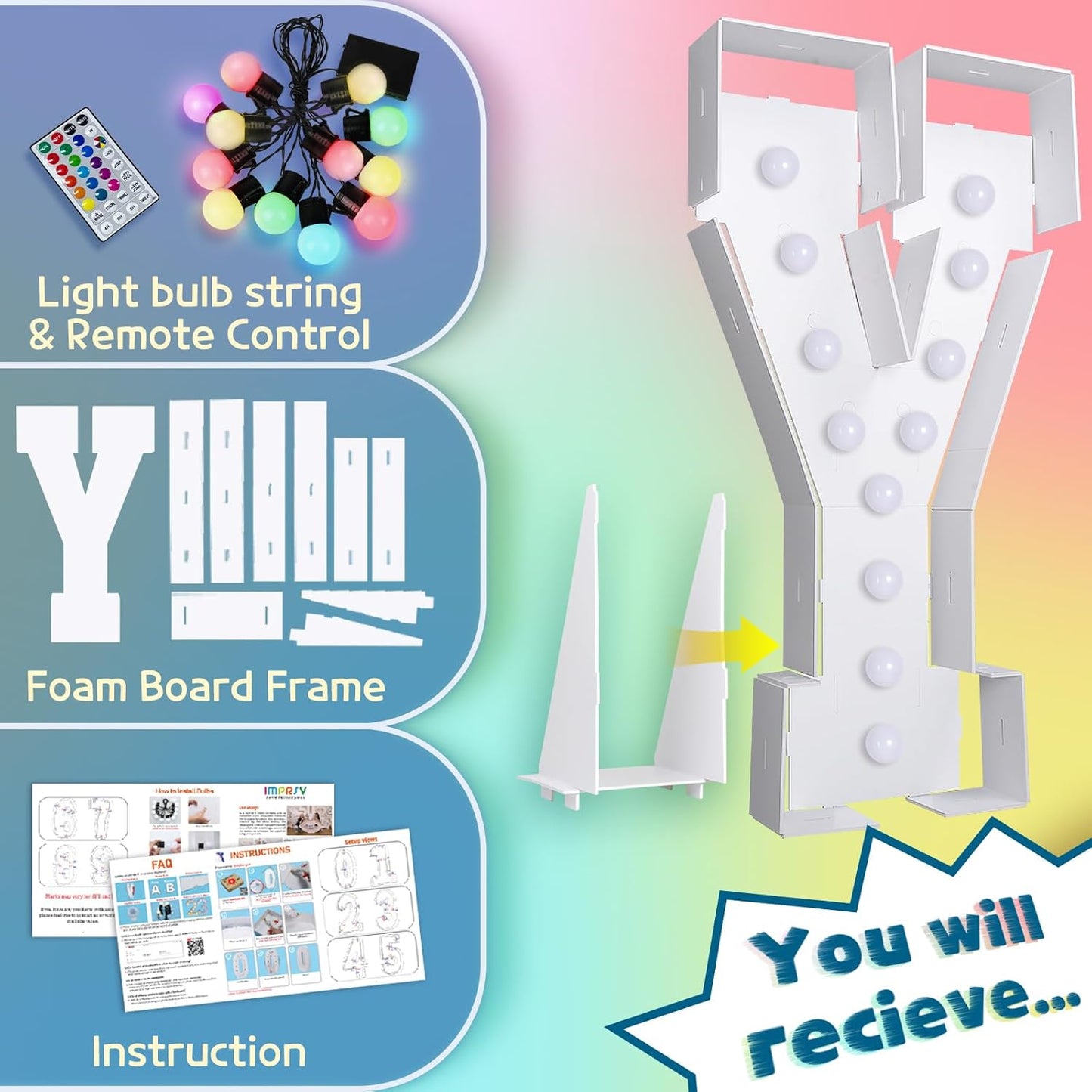 imprsv 4FT Colorful Marquee Light Up Letters Y, 18 Colors Large Light up Letters Alphabet Sign with Remote, Large Marry Me Sign, Birthday Party Decorations Baby Shower Anniversary Wedding Decoration