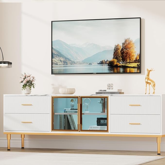 66" Fluted TV Stand with LED Light, Modern Entertainment Center for TVs Up to 75 Inch, Wood TV Media Console with Faux Marble Top, 4 Drawers, Glass Door for Living Room, White