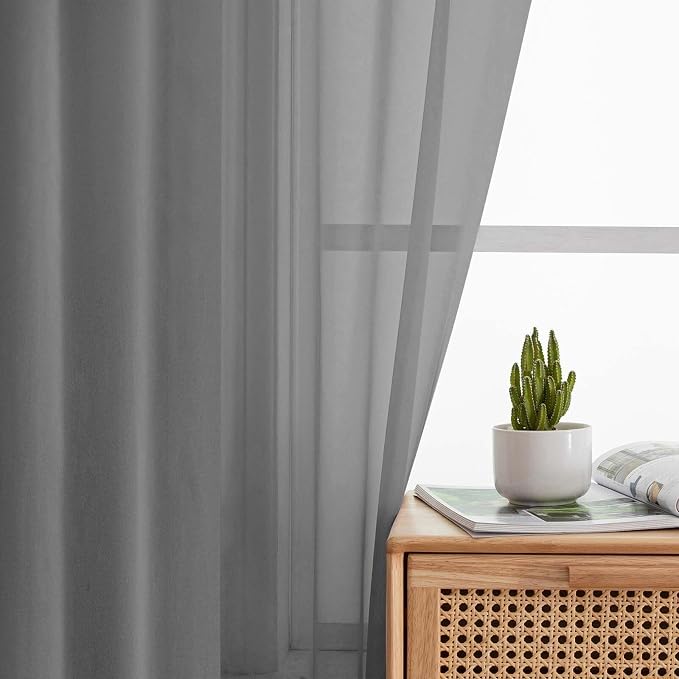 Grey Sheer Curtains for Bedroom Living Room 45 Inch Length 2 Panels, Soft Light - Image 6